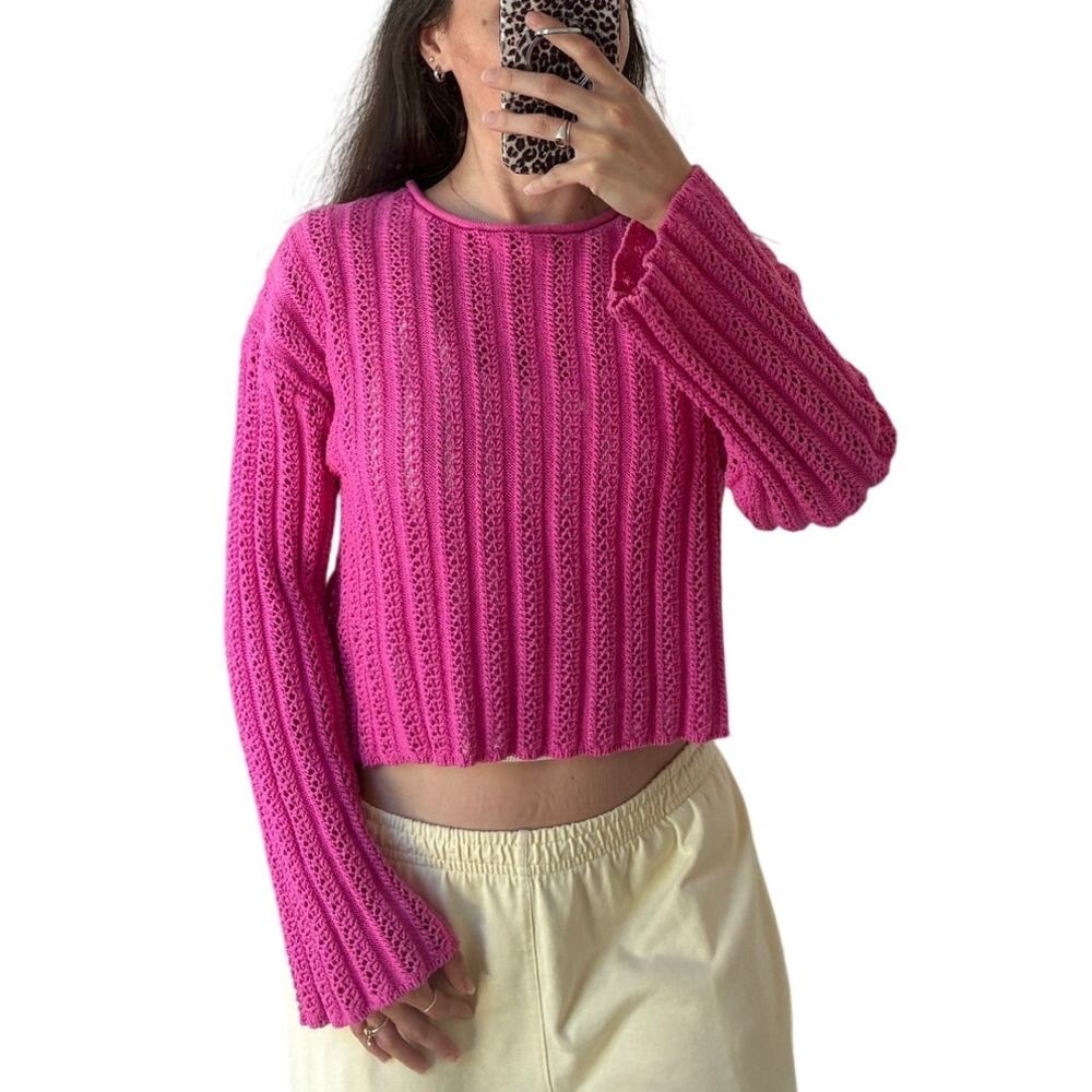 Billabong Pink Crochet Rolled Crewneck Open Weave Ribbed Sweater Top Size S